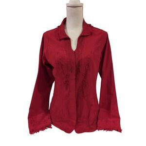 Caamano Red Cotton Embroidered Lace Button Up Shirt Fringe Western Boho Womens M